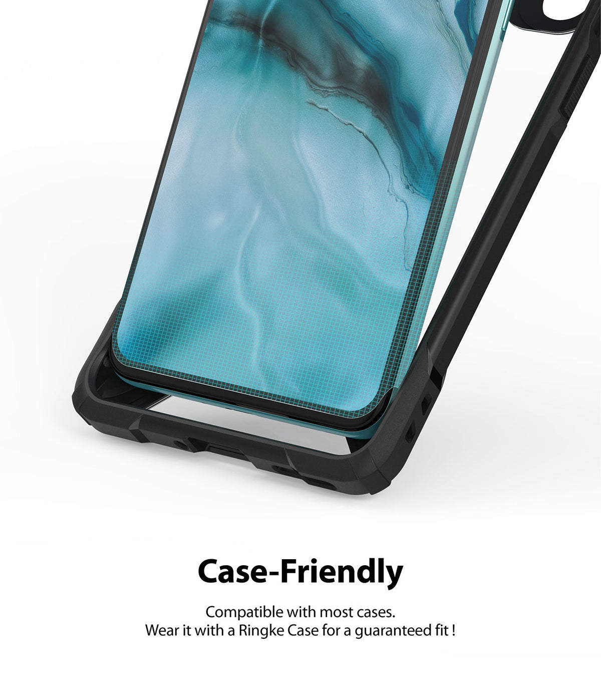 OnePlus Nord Screen Protector | Dual Easy Film - Smartphone with screen protector inside a black protective case.