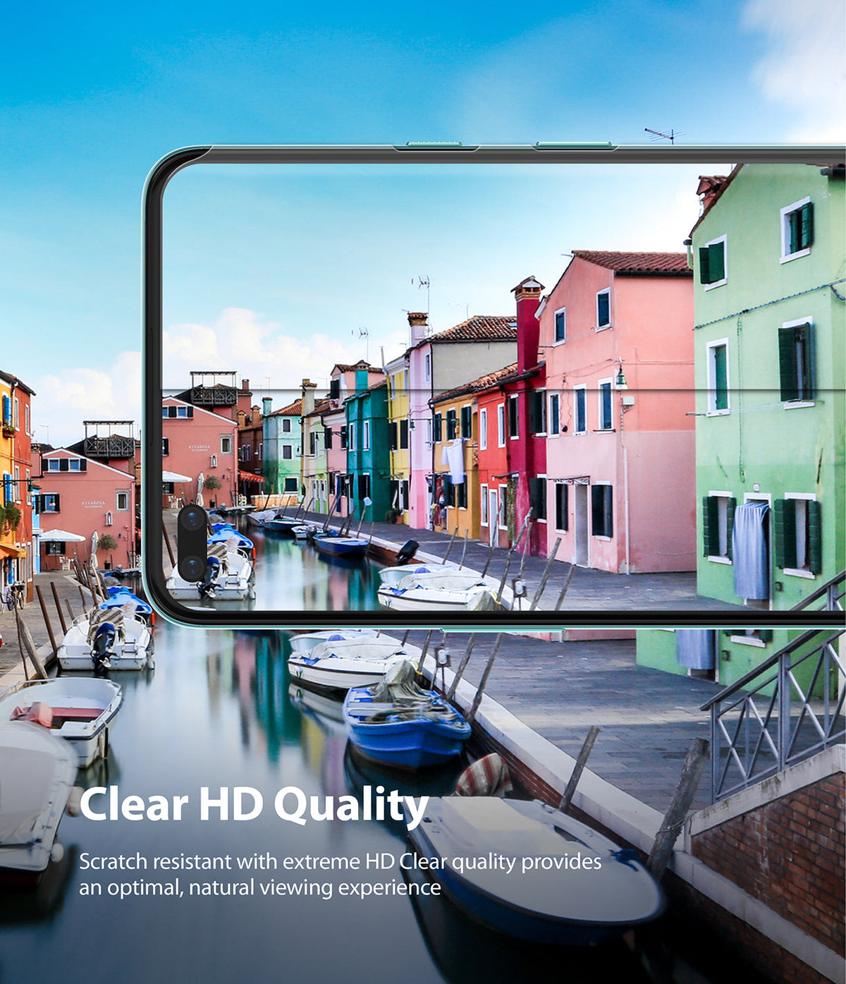 OnePlus Nord Screen Protector | Dual Easy Film - OnePlus Nord Screen Protector - Smartphone displaying a vibrant canal scene, highlighting screen clarity and color.