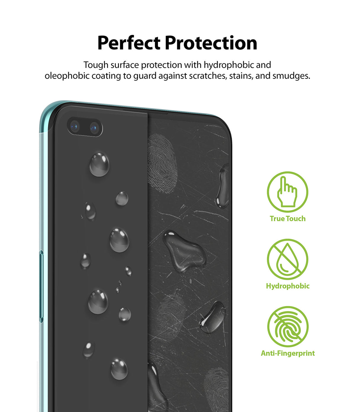 OnePlus Nord Screen Protector | Dual Easy Film - OnePlus Nord Screen Protector - Smartphone screen showing water droplets on one side and smudges on the other with icons.