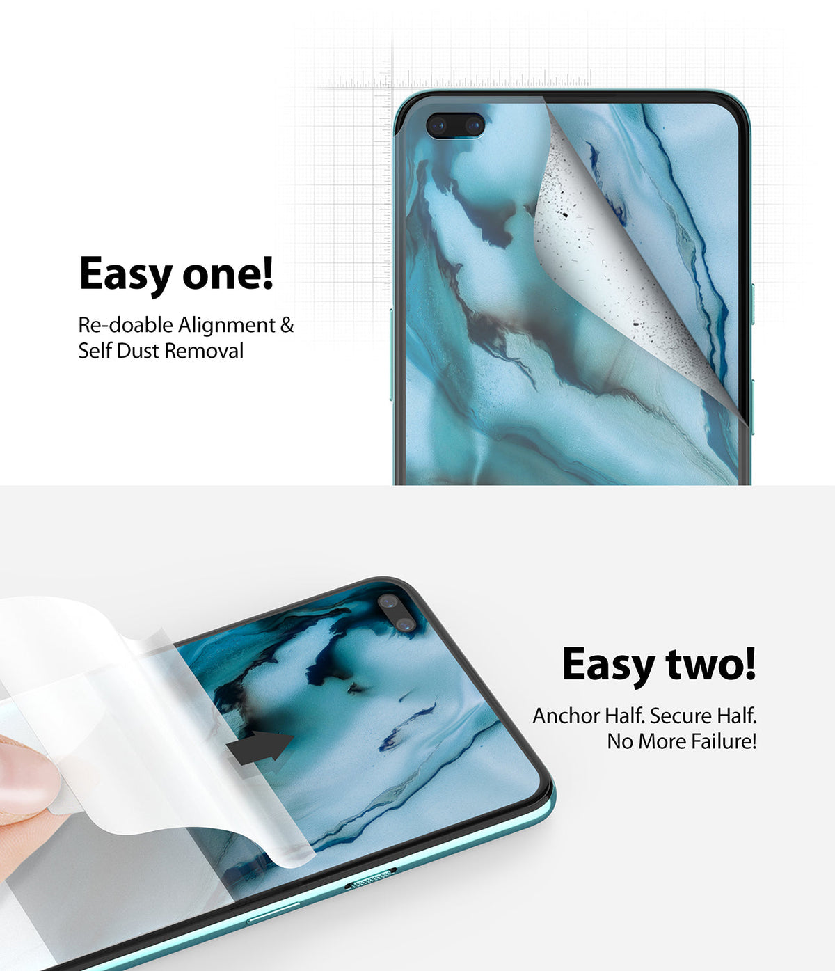 OnePlus Nord Screen Protector | Dual Easy Film - OnePlus Nord Screen Protector - Two-step installation guide showing a screen protector being applied to a smartphone.
