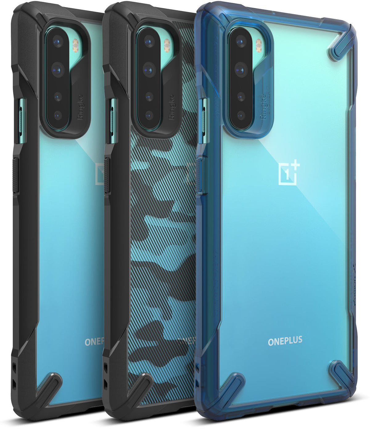 OnePlus Nord Case | Fusion-X - Three OnePlus Nord phones in black, camo, and blue Fusion-X protective cases.