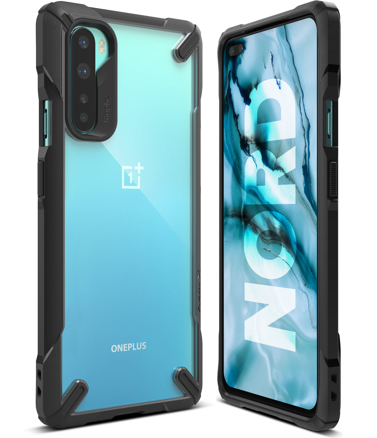OnePlus Nord Case | Fusion-X - A light blue OnePlus Nord phone in a black protective case, shown from front and back.