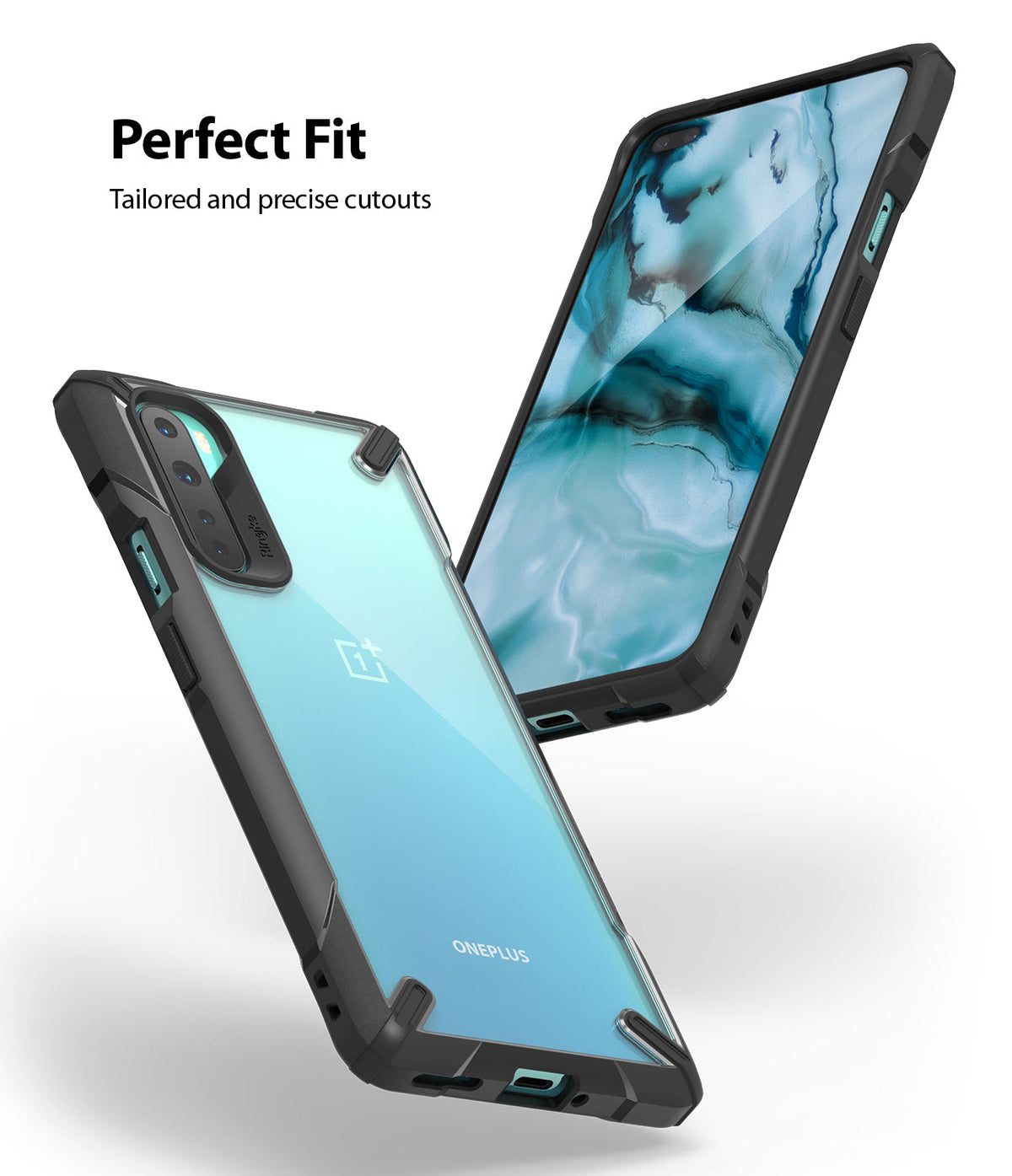 OnePlus Nord Case | Fusion-X - A OnePlus Nord phone in a clear, black-rimmed protective case shown from front and back.
