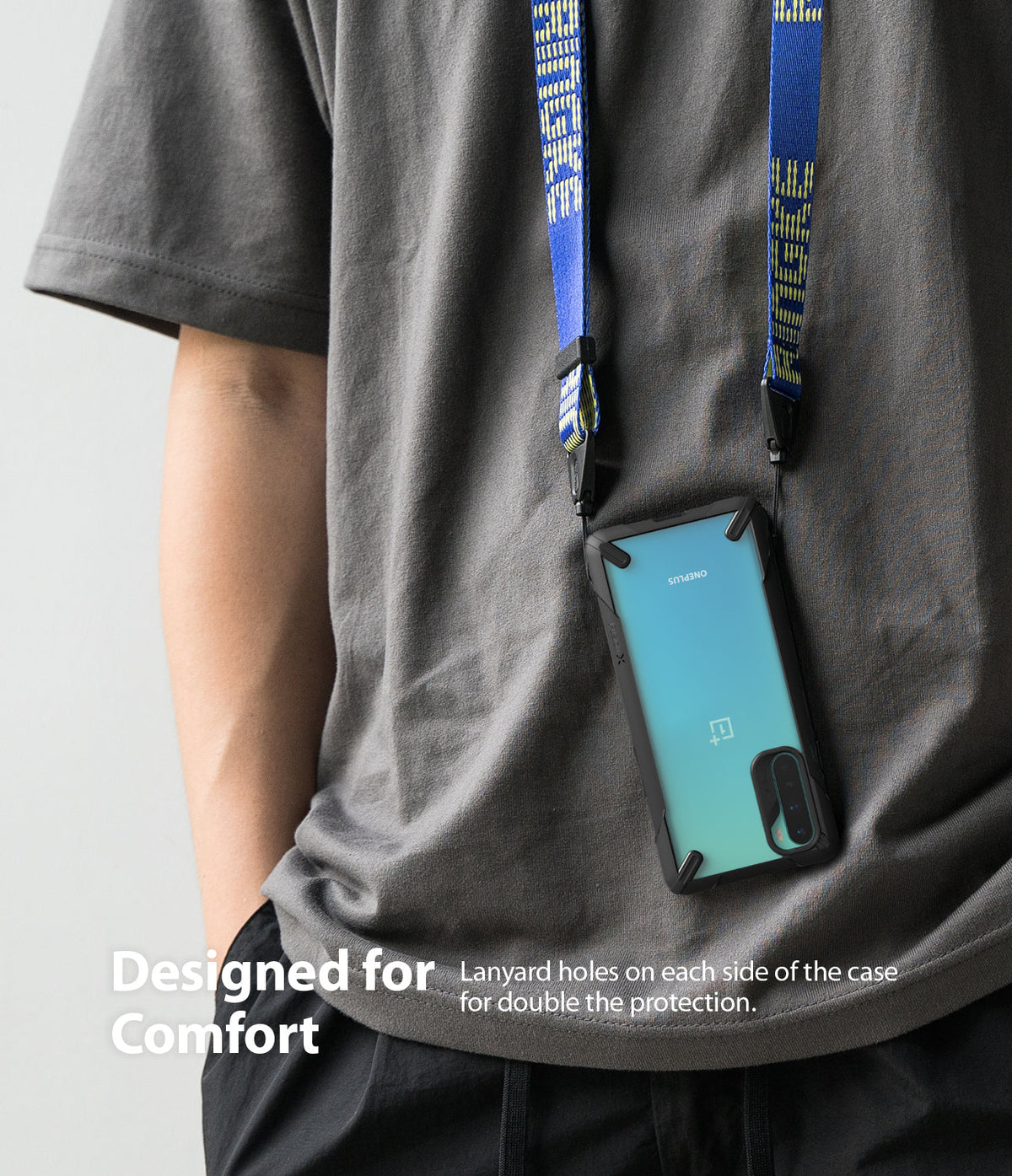 OnePlus Nord Case | Fusion-X - A phone in a black protective case hanging from a blue branded lanyard around a person's neck.