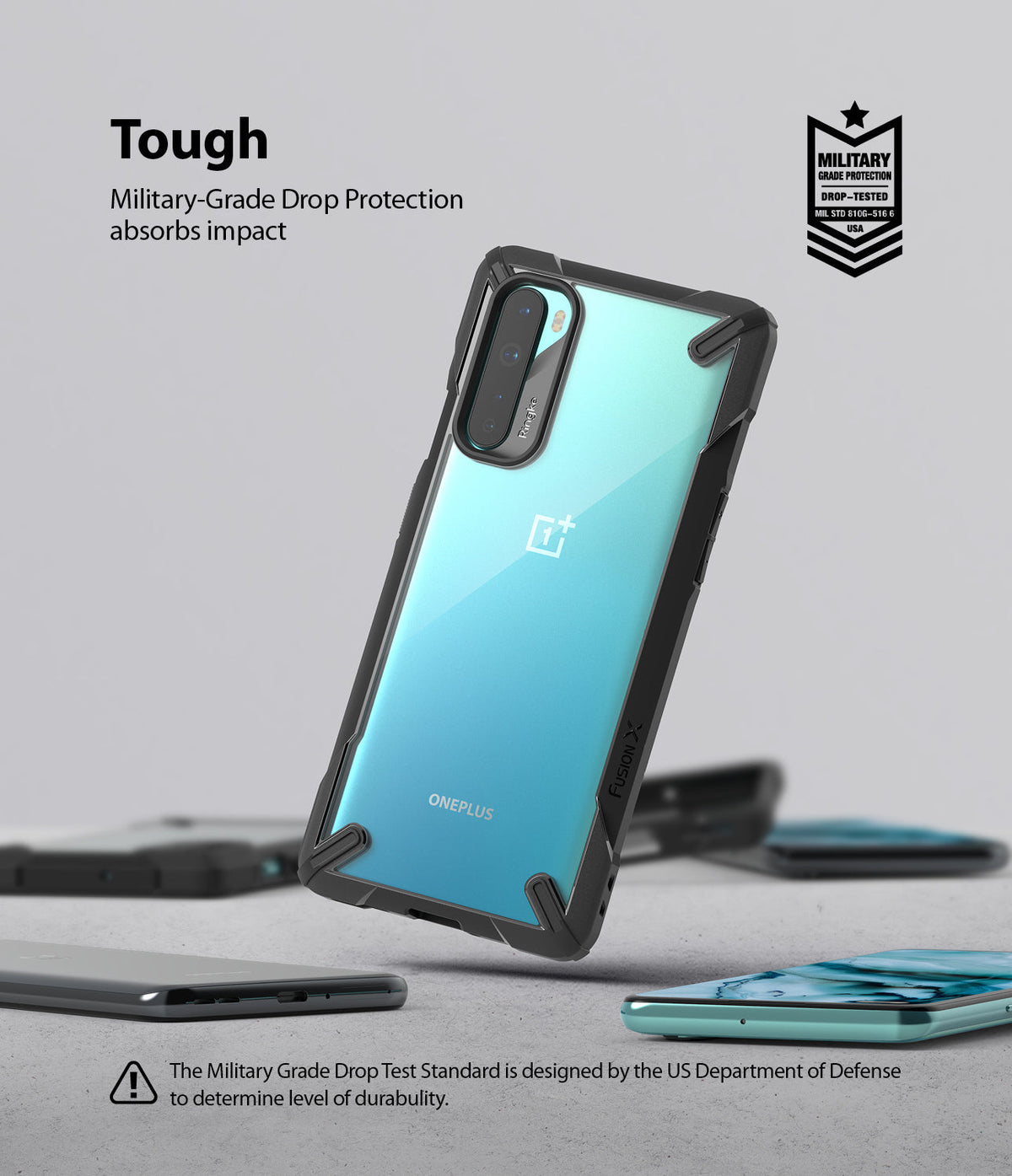 OnePlus Nord Case | Fusion-X - A light blue OnePlus Nord phone in a black Fusion-X protective case with military-grade drop protection.