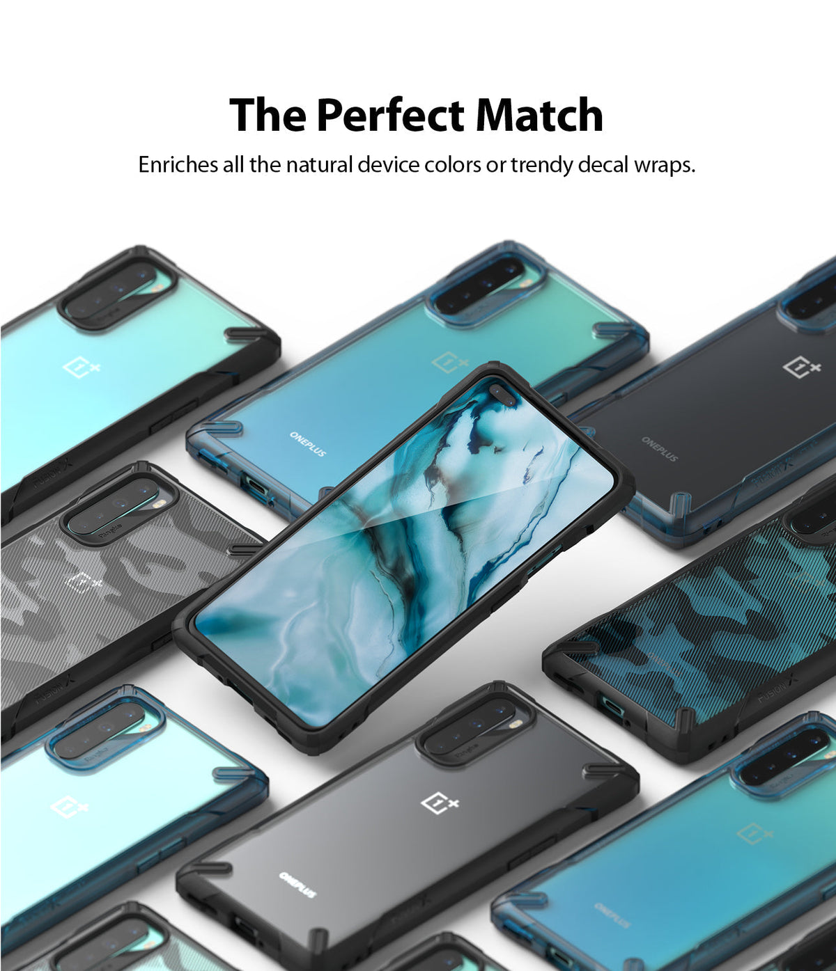 OnePlus Nord Case | Fusion-X - Multiple OnePlus Nord phones in Fusion-X cases with clear, camo, and solid finishes.