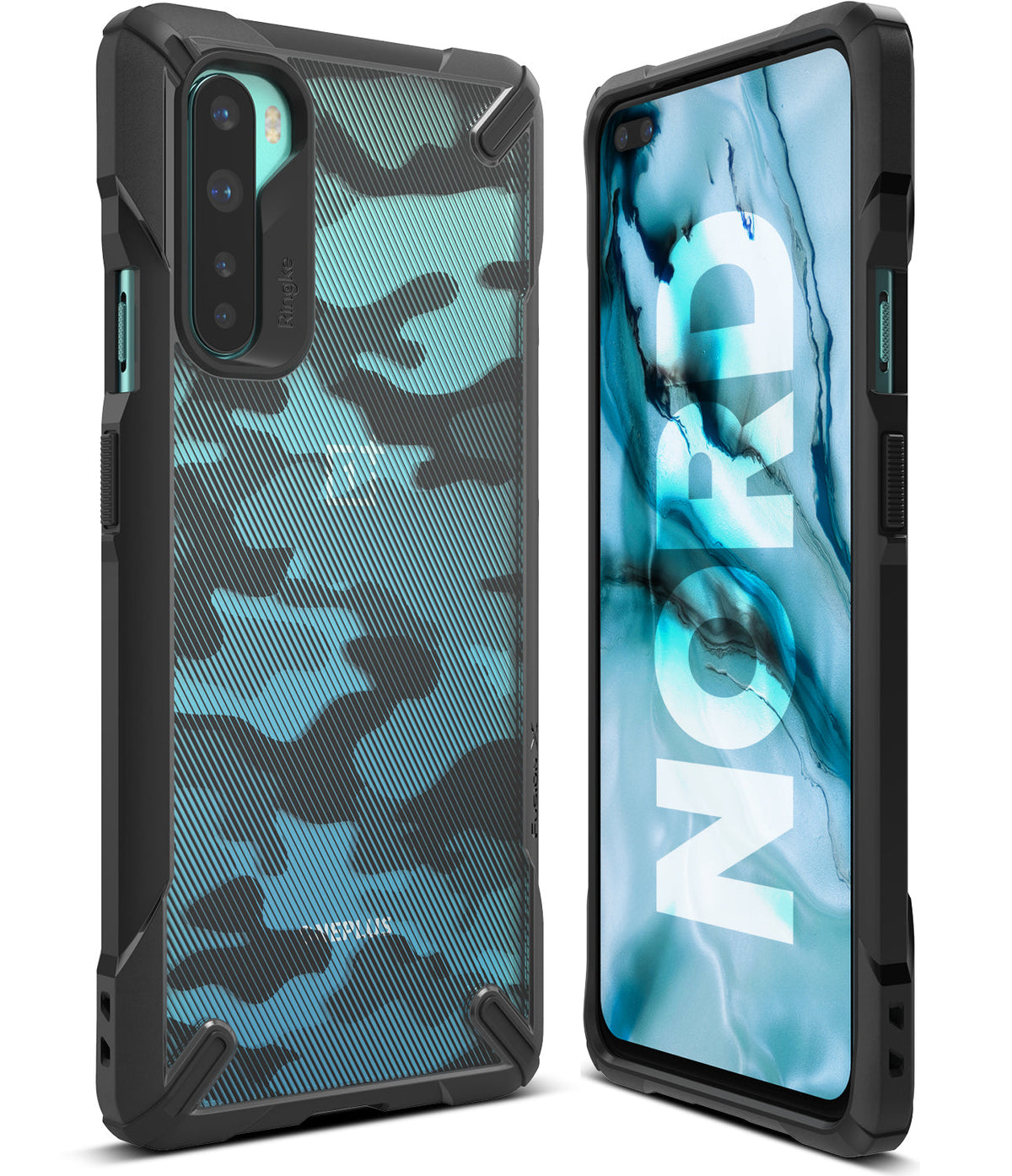 OnePlus Nord Case | Fusion-X - Black rugged phone case with blue camo back and front view showing Nord screen display.