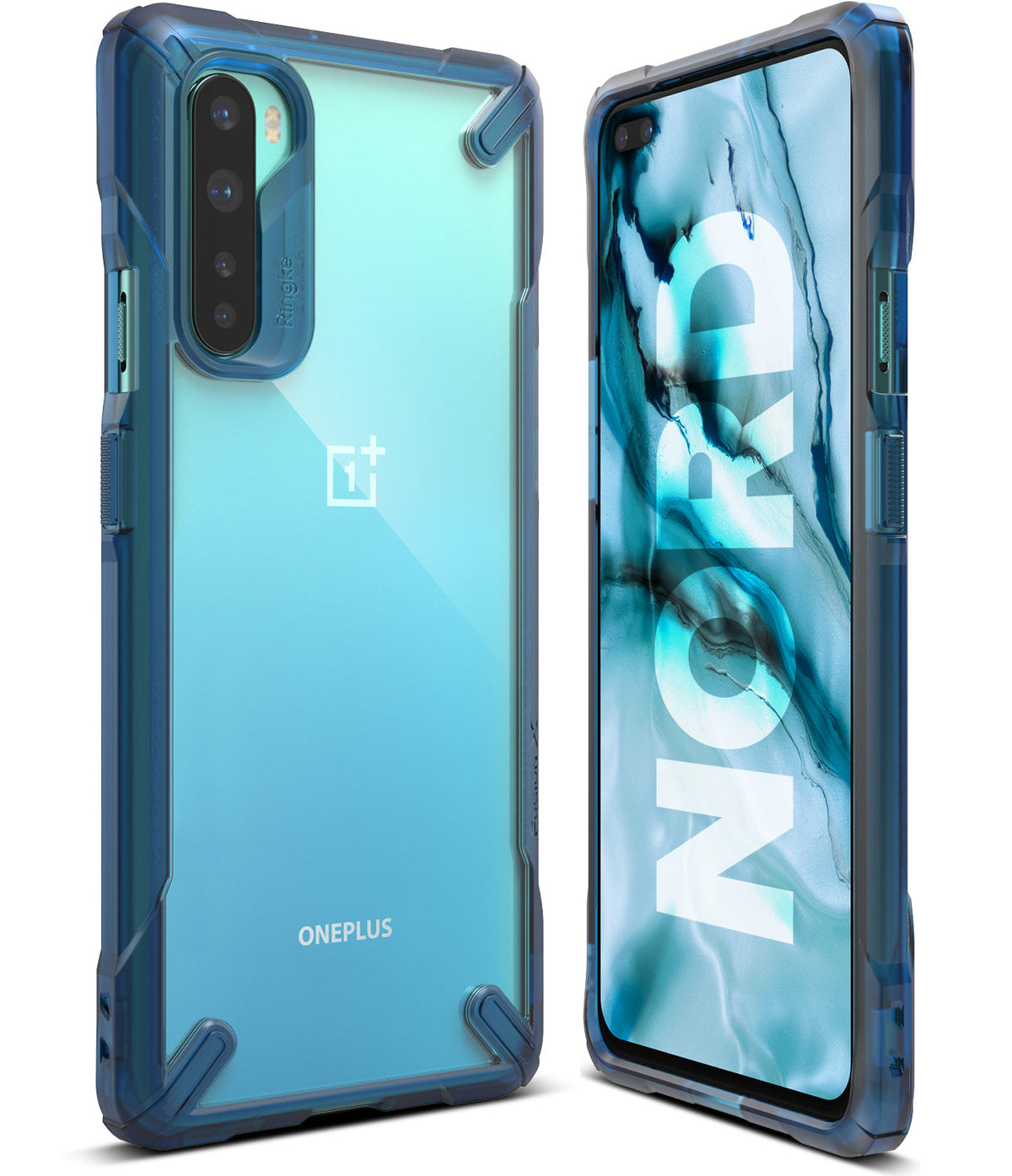 OnePlus Nord Case | Fusion-X - Blue transparent protective phone case shown from front and back angles.