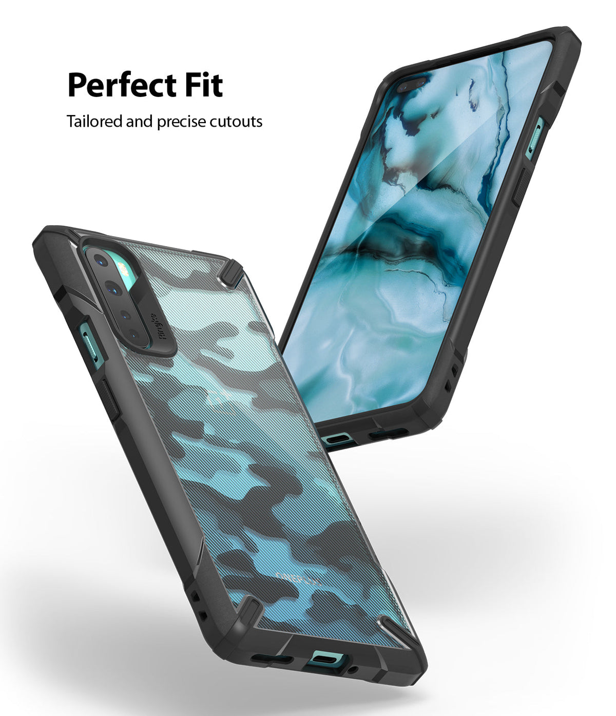 OnePlus Nord Case | Fusion-X - Two views of a black and blue camouflage phone case with precise cutouts for a OnePlus Nord.