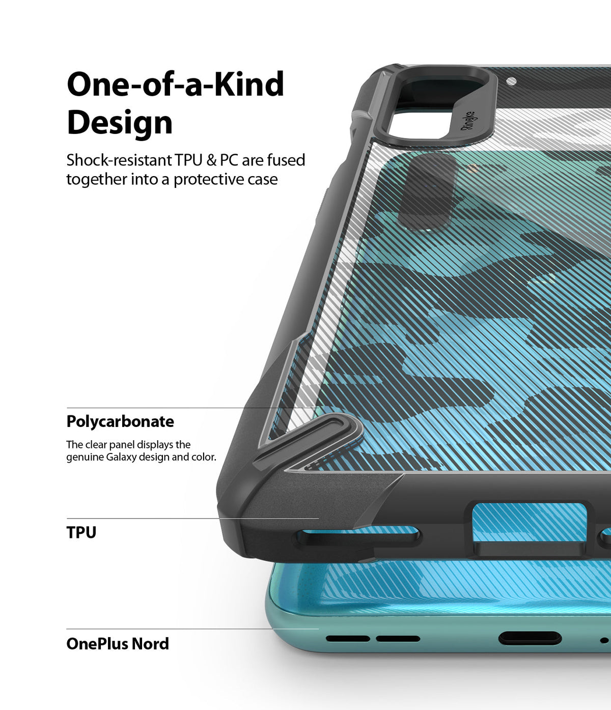 OnePlus Nord Case | Fusion-X - A clear, camo-patterned phone case with a black TPU frame being placed onto a teal OnePlus Nord.