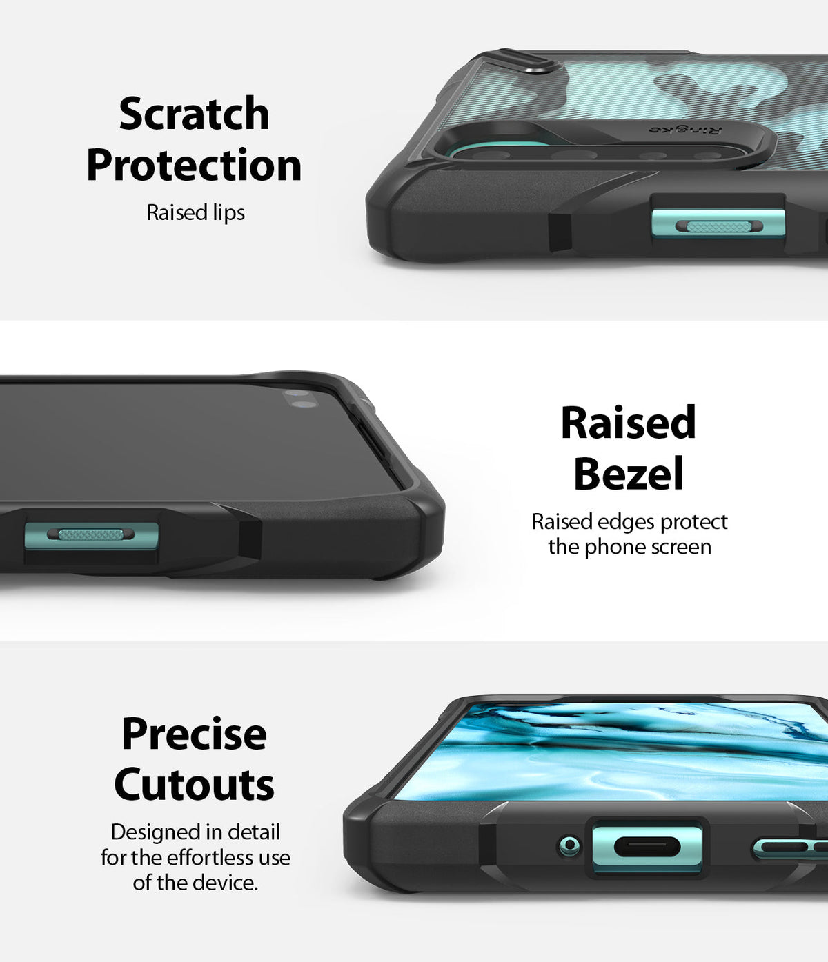 OnePlus Nord Case | Fusion-X - Three close-up views showing raised lips, screen bezels, and precise port cutouts.