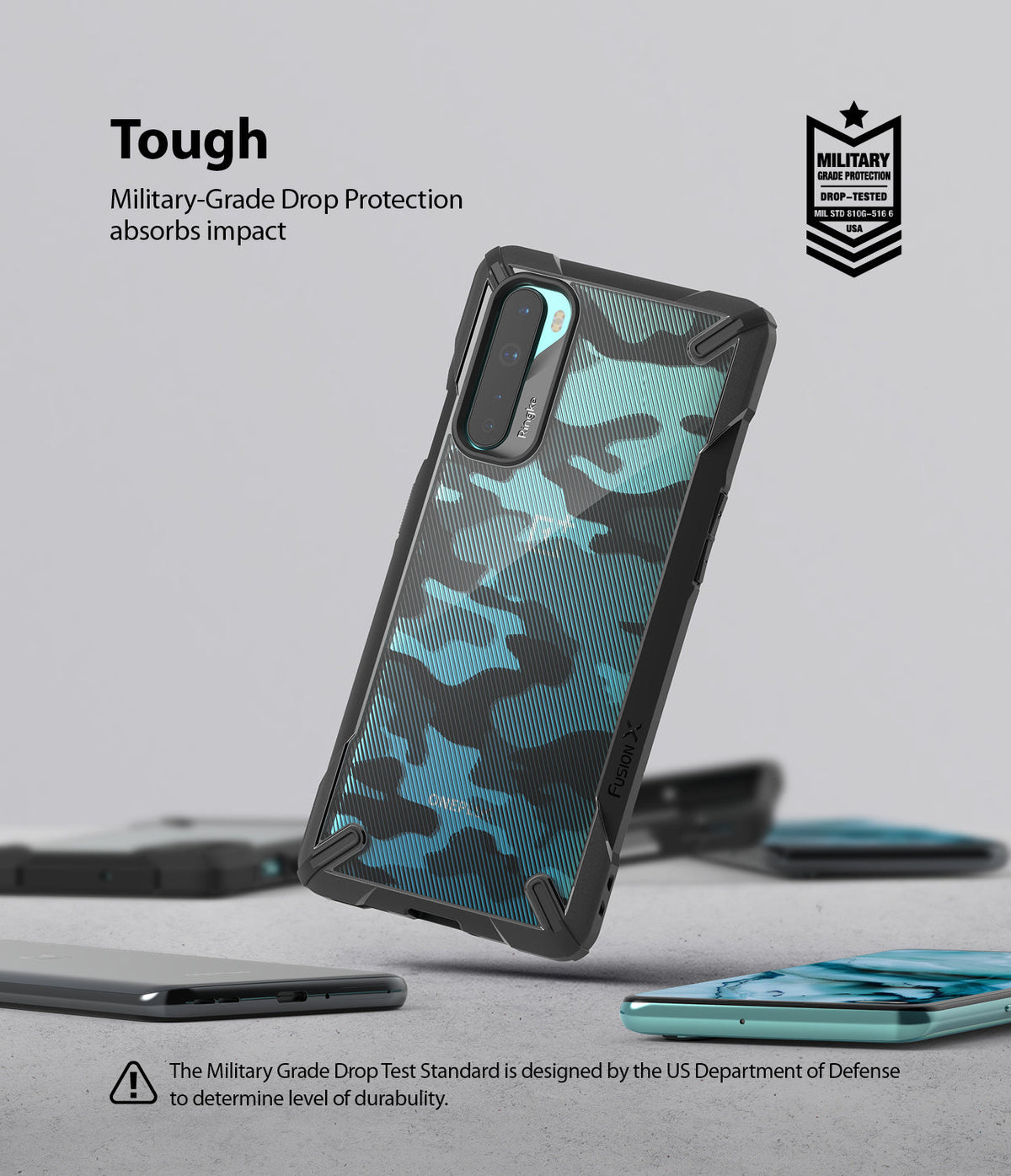 OnePlus Nord Case | Fusion-X - Black and blue camouflage phone case with military-grade drop protection badge.