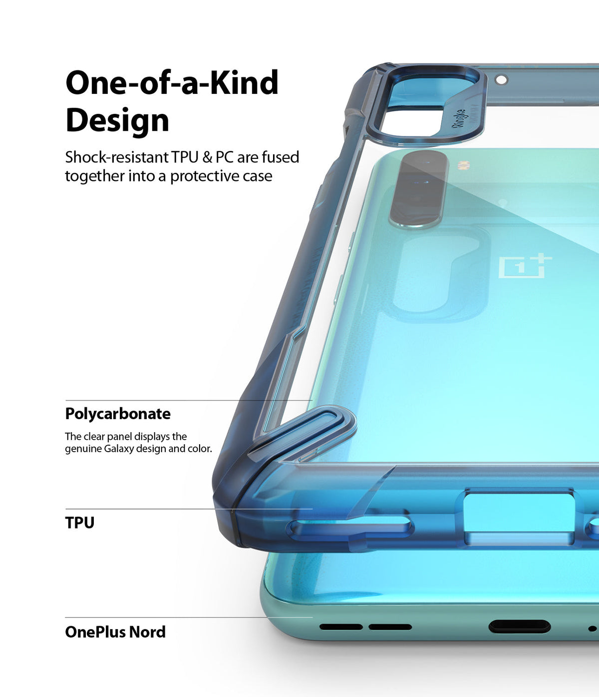 OnePlus Nord Case | Fusion-X - A clear, shock-resistant phone case with blue TPU edges and a transparent polycarbonate back.