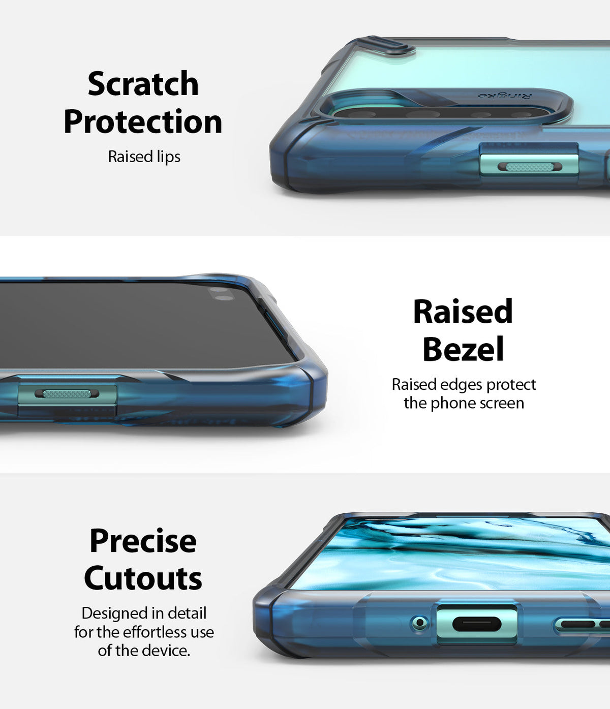 OnePlus Nord Case | Fusion-X - Three close-up views showing raised lips, screen bezels, and precise port cutouts.