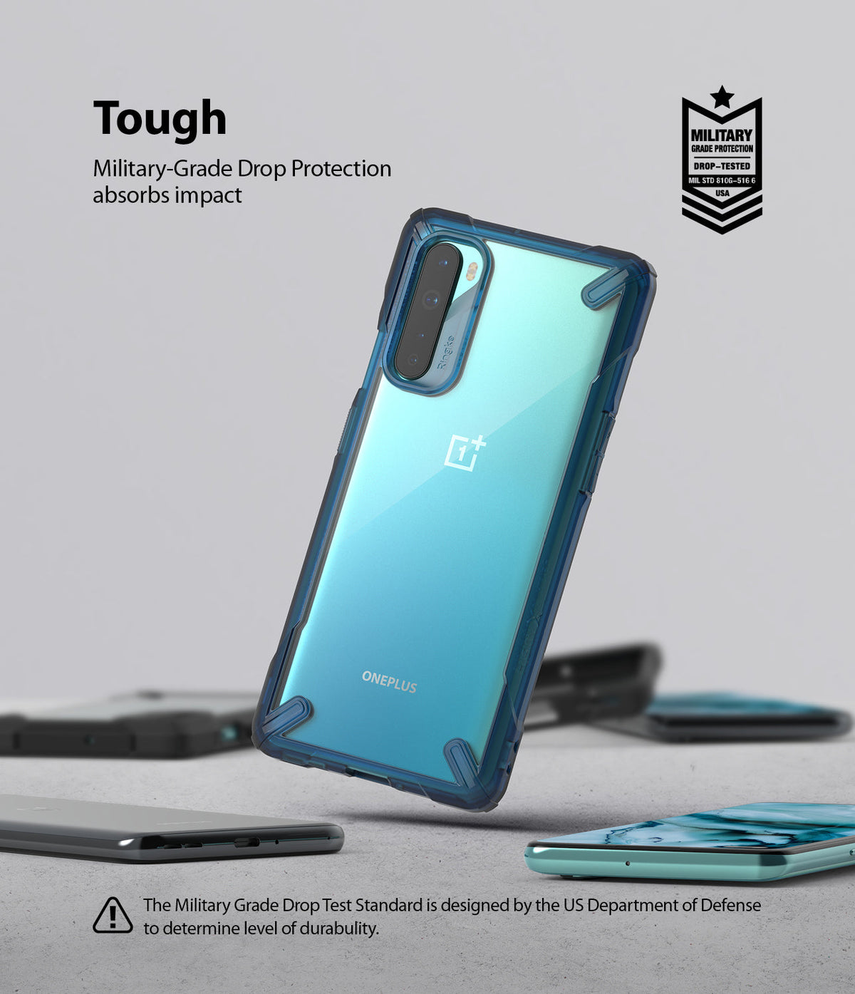 OnePlus Nord Case | Fusion-X - A blue OnePlus Nord phone in a clear, rugged protective case with military-grade drop protection.