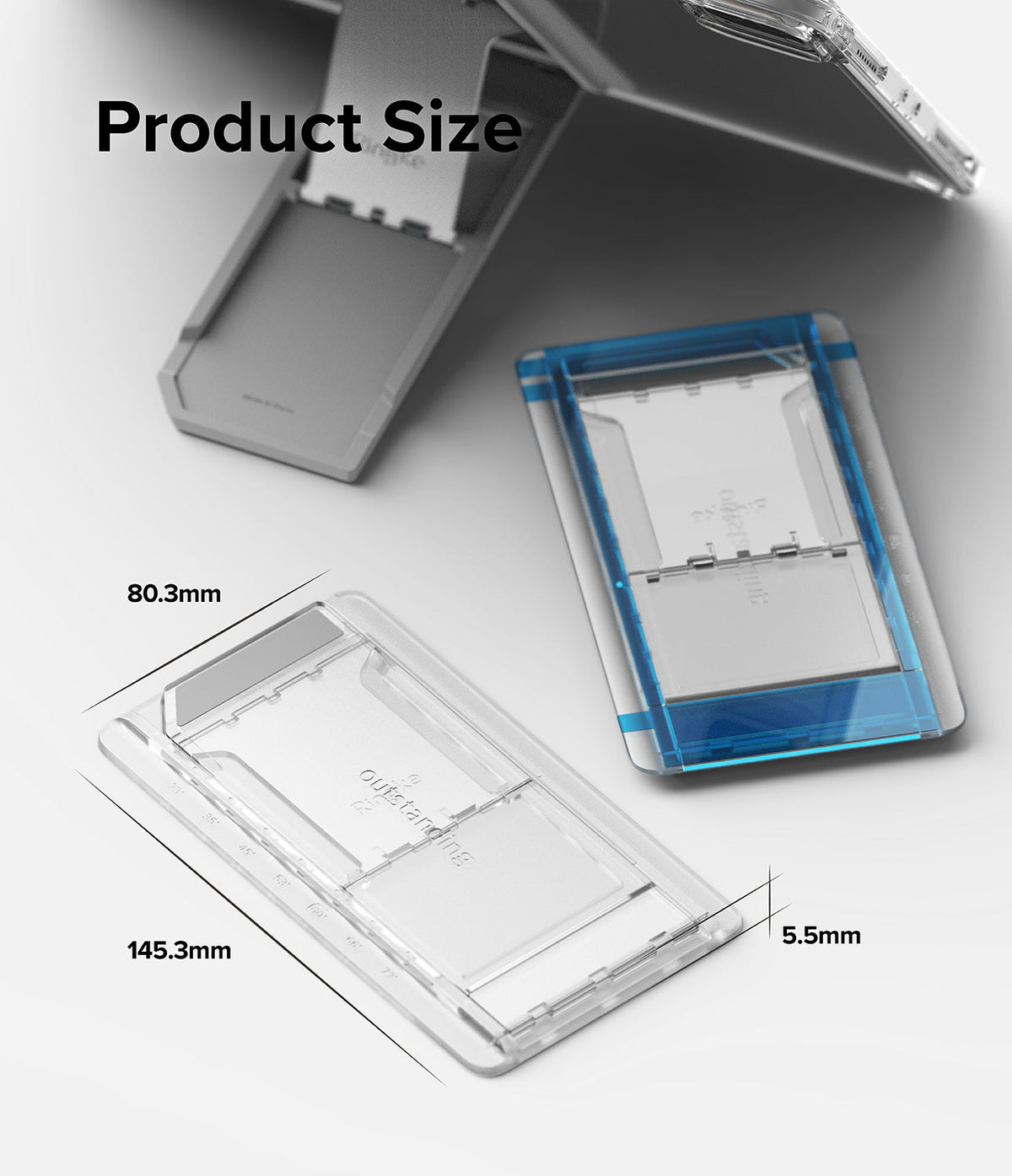 Outstanding | Tablet Stand - Dimensions of the foldable tablet stand shown as 145.3mm by 80.3mm by 5.5mm.