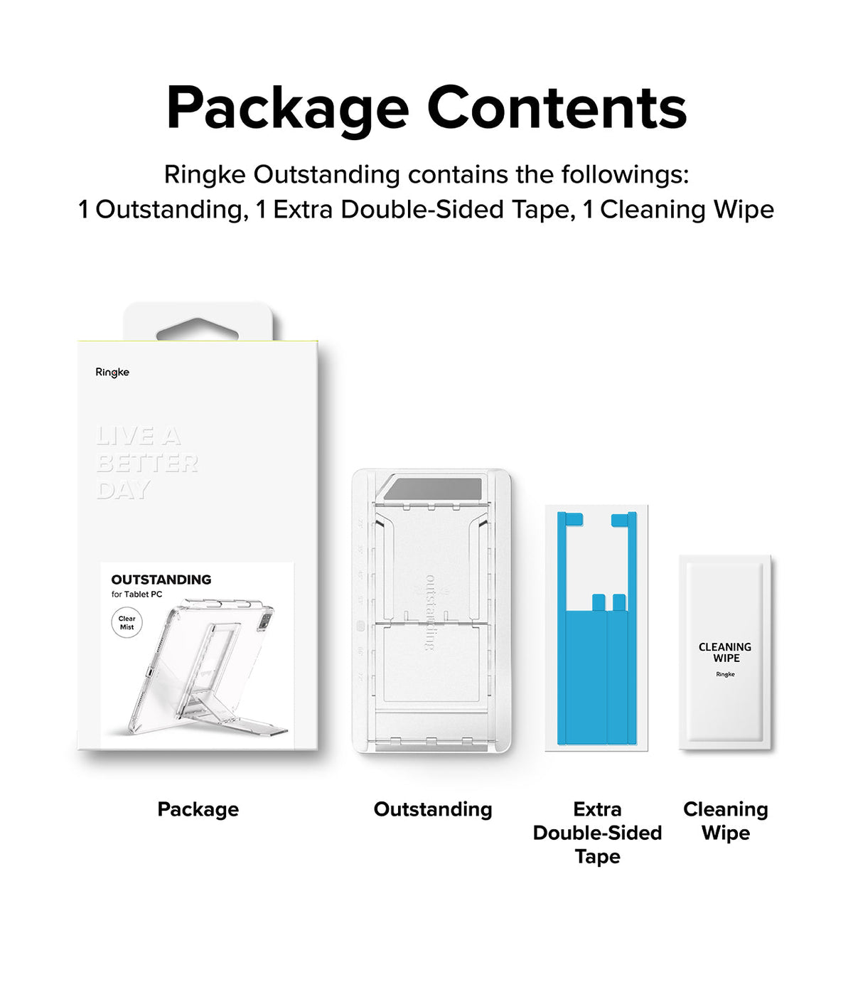 Outstanding | Tablet Stand - Package contents showing the box, tablet stand, extra double-sided tape, and a cleaning wipe.
