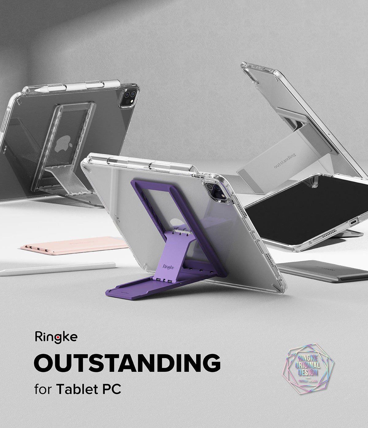 Outstanding | Tablet Stand - Three clear tablet cases with foldable purple and grey stands displayed on a white surface.