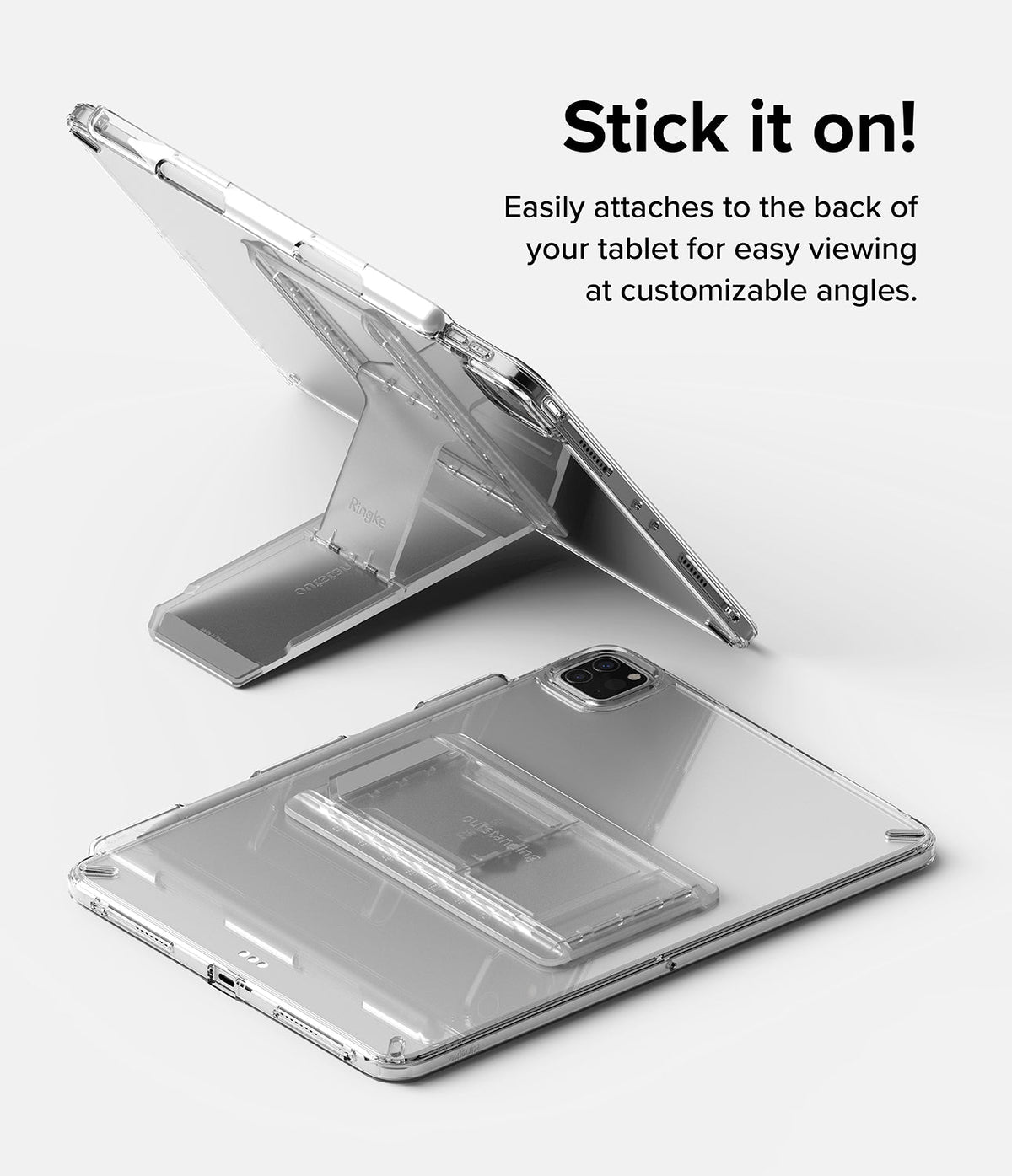 Outstanding | Tablet Stand - A clear tablet stand attached to the back of a tablet, shown both folded flat and propped up.
