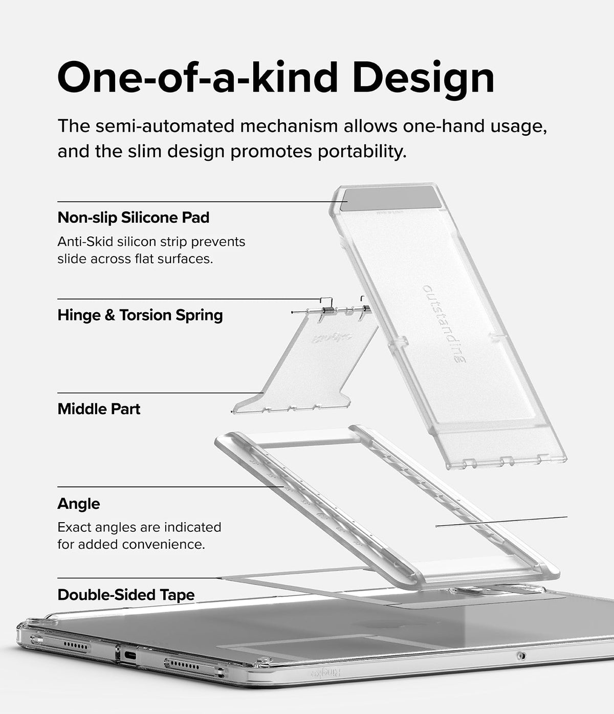 Outstanding | Tablet Stand - Exploded view of a tablet stand showing silicone pads, hinge, spring, and adhesive tape components.