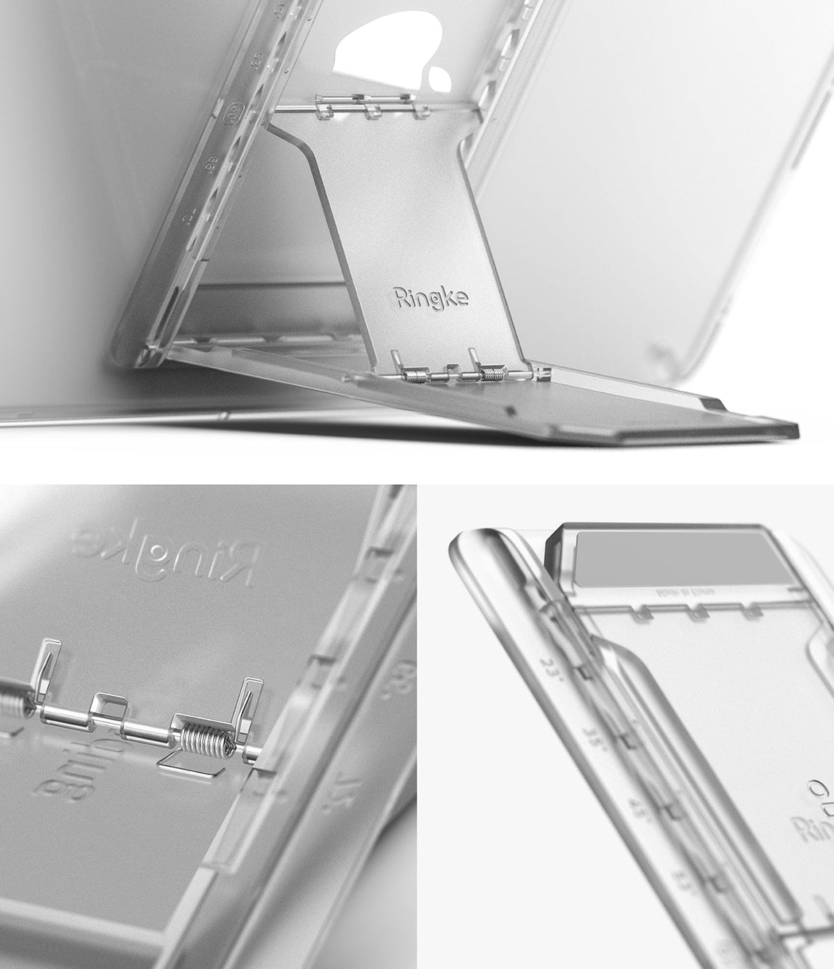Outstanding | Tablet Stand - Close-up views of a silver, adjustable Ringke tablet stand with visible metal hinges and angle markings.