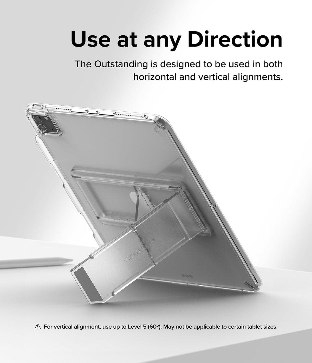Outstanding | Tablet Stand - A clear tablet case with an integrated, adjustable kickstand propped up on a white surface.