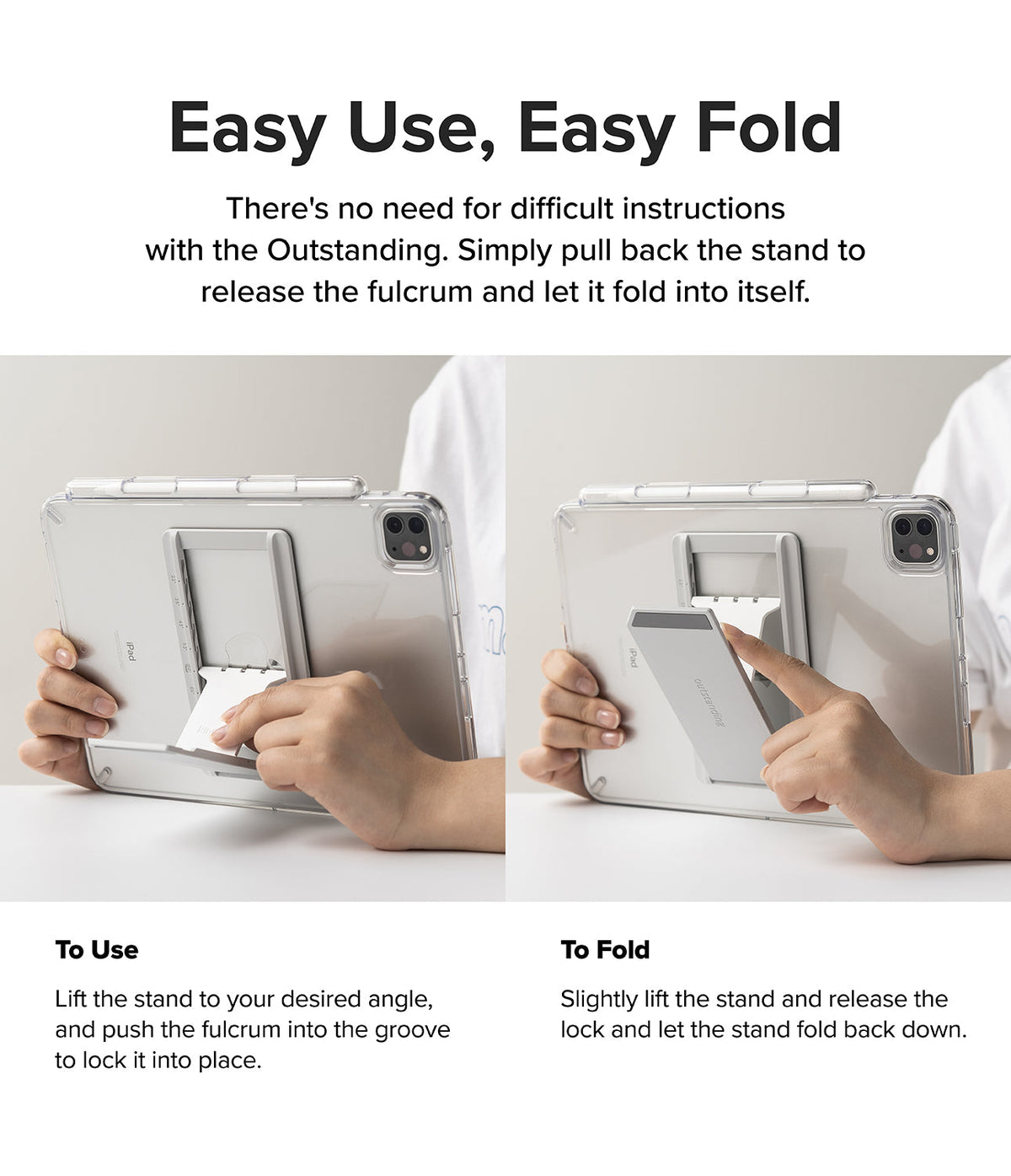 Outstanding | Tablet Stand - Hands demonstrating how to adjust and fold the tablet stand attached to the back of an iPad.
