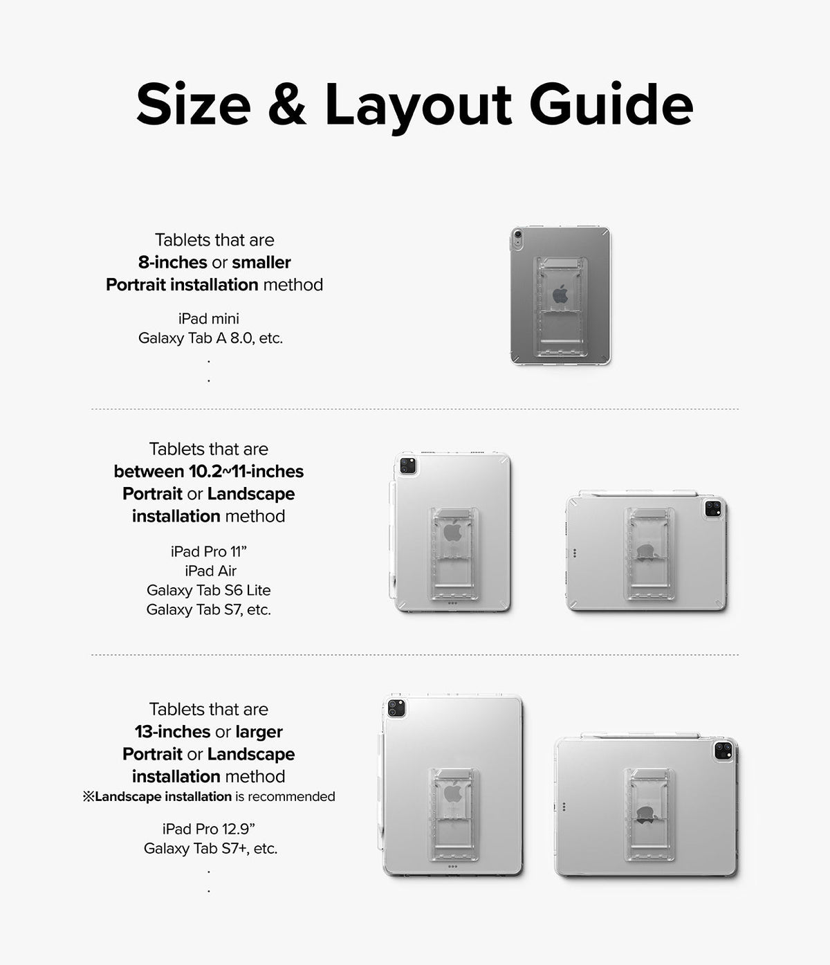 Outstanding | Tablet Stand - Size and layout guide showing recommended stand installation positions for various tablet sizes.