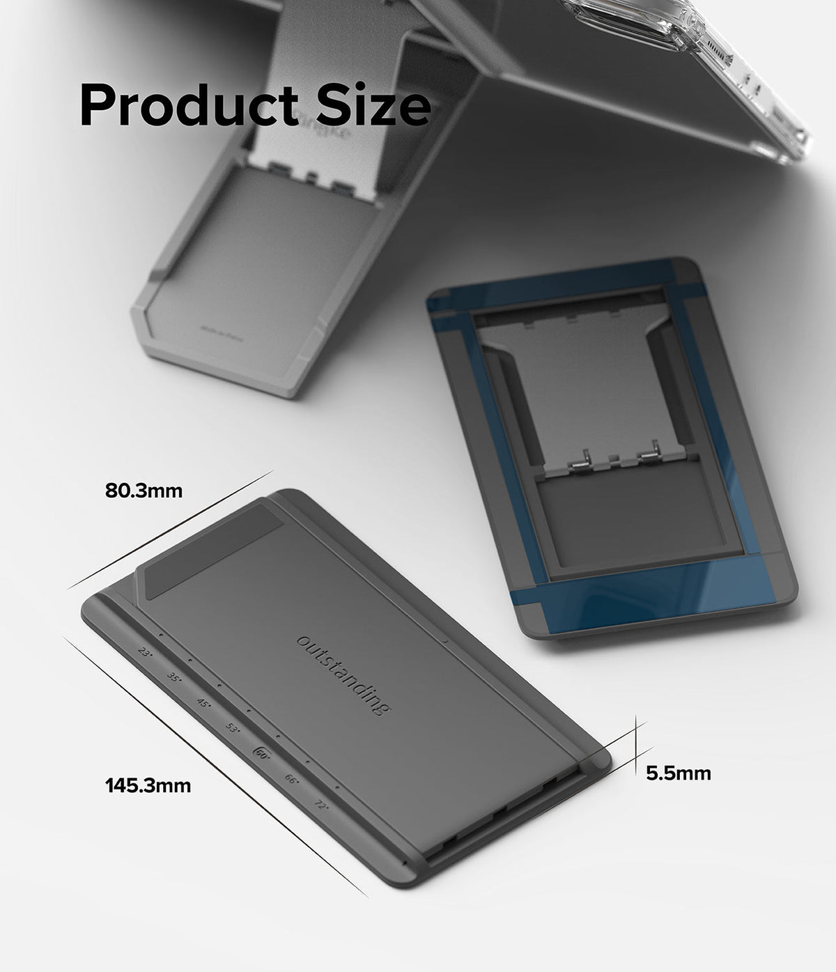 Outstanding | Tablet Stand - Gray tablet stand showing dimensions 145.3mm by 80.3mm by 5.5mm with various angle markings.