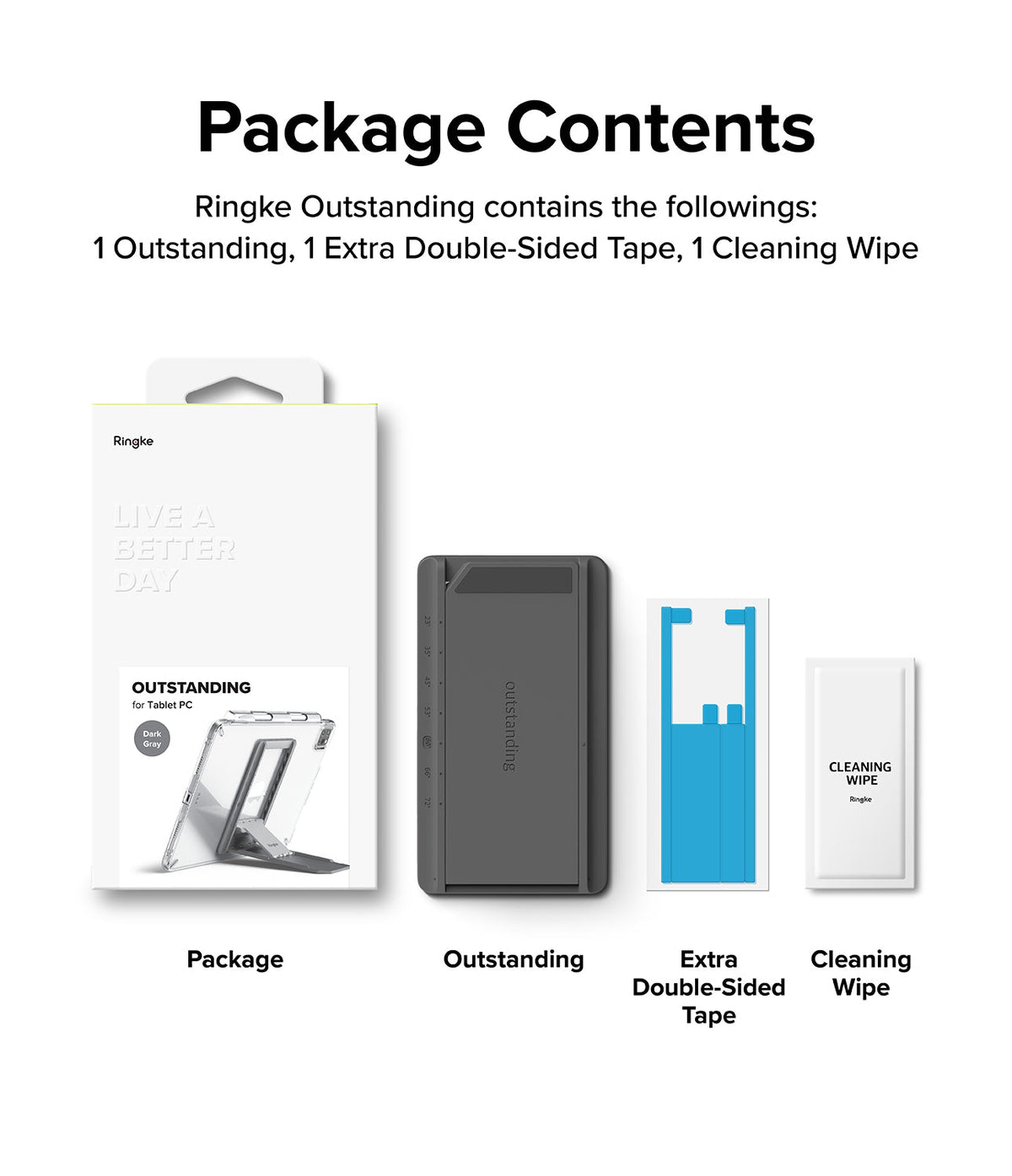 Outstanding | Tablet Stand - Package contents showing the box, tablet stand, extra adhesive tape, and a cleaning wipe.