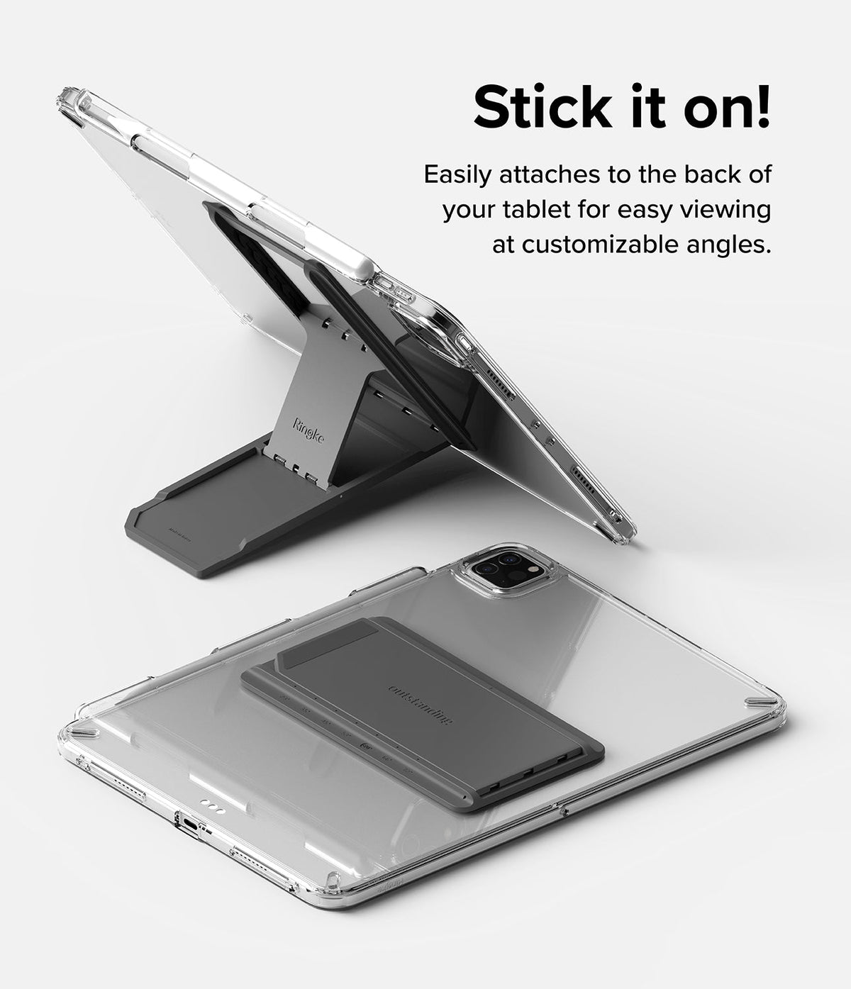Outstanding | Tablet Stand - A gray foldable tablet stand attached to the back of a clear tablet case in upright and flat positions.