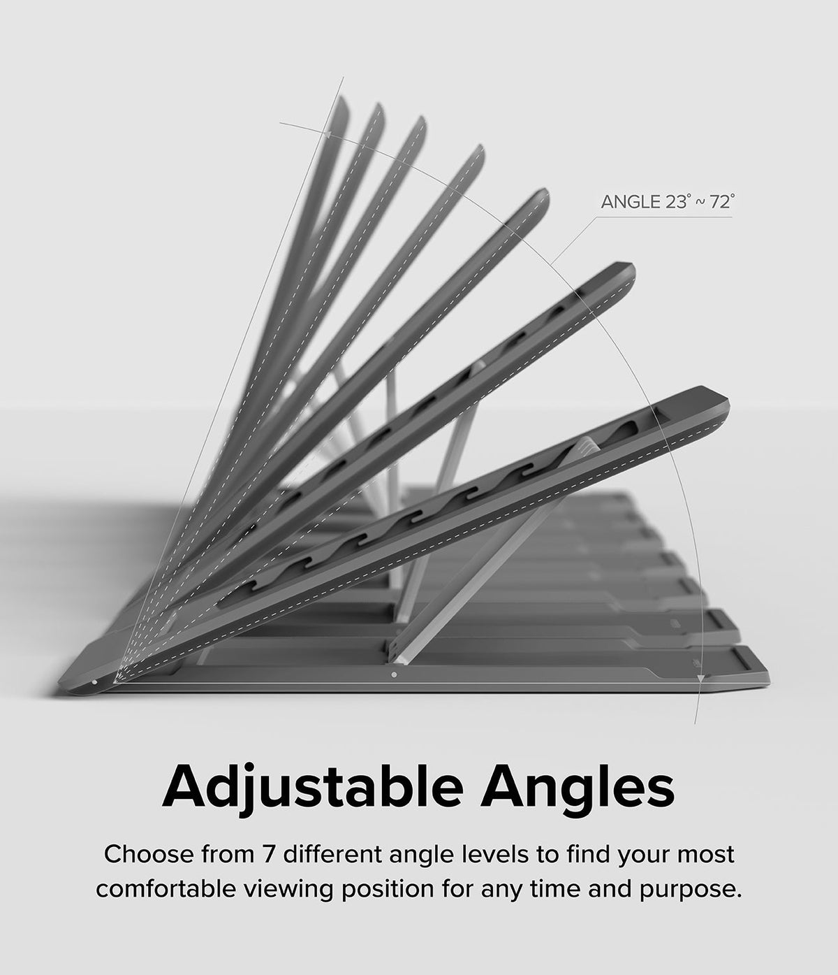 Outstanding | Tablet Stand - A gray tablet stand shown in seven adjustable positions ranging from 23 to 72 degrees.