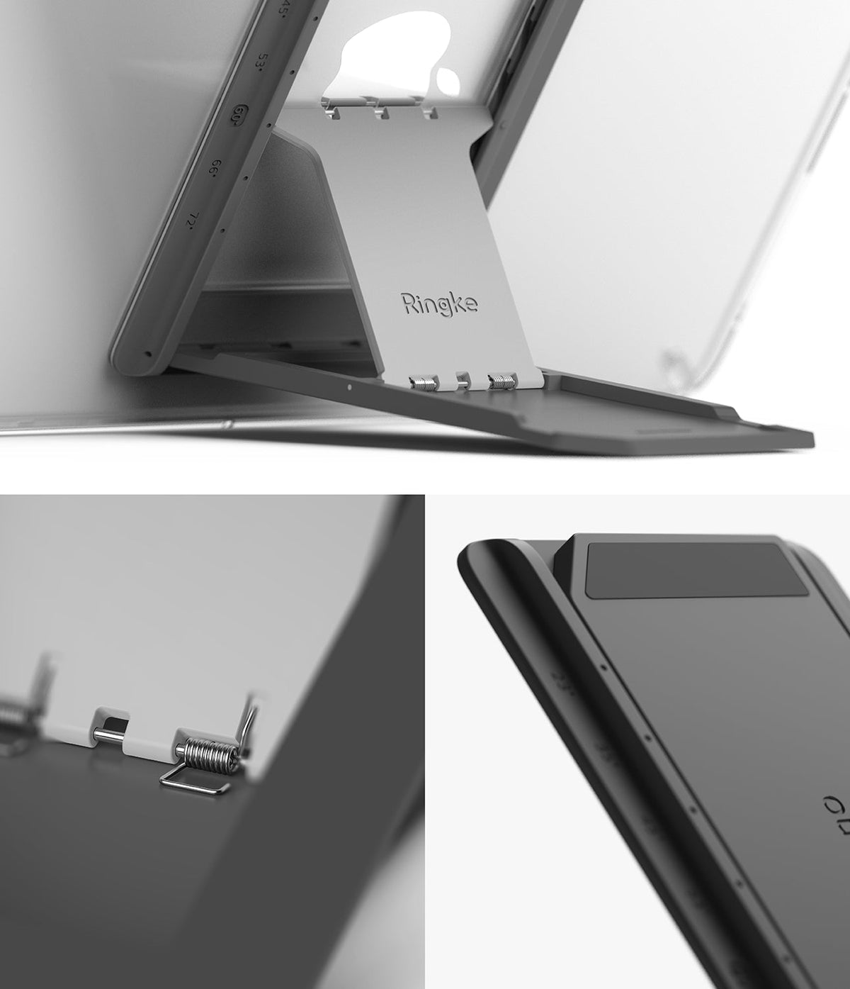 Outstanding | Tablet Stand - Close-up views of a gray Ringke tablet stand showing its adjustable hinge mechanism and folding design.
