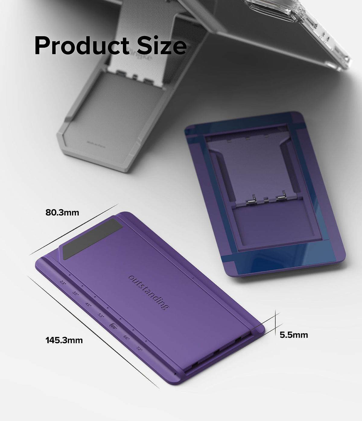 Outstanding | Tablet Stand - Purple tablet stand with dimensions 145.3mm by 80.3mm by 5.5mm shown with angle markings.