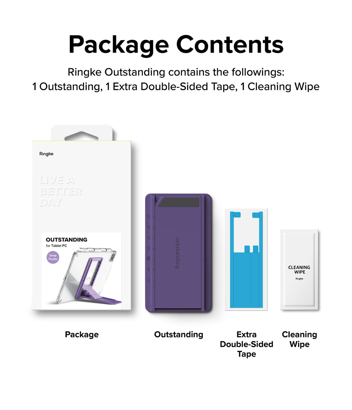 Outstanding | Tablet Stand - Package contents showing the product box, purple tablet stand, adhesive tape, and cleaning wipe.