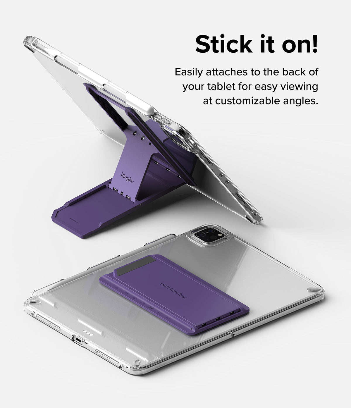 Outstanding | Tablet Stand - A purple foldable tablet stand shown attached to a clear tablet case in both open and closed positions.