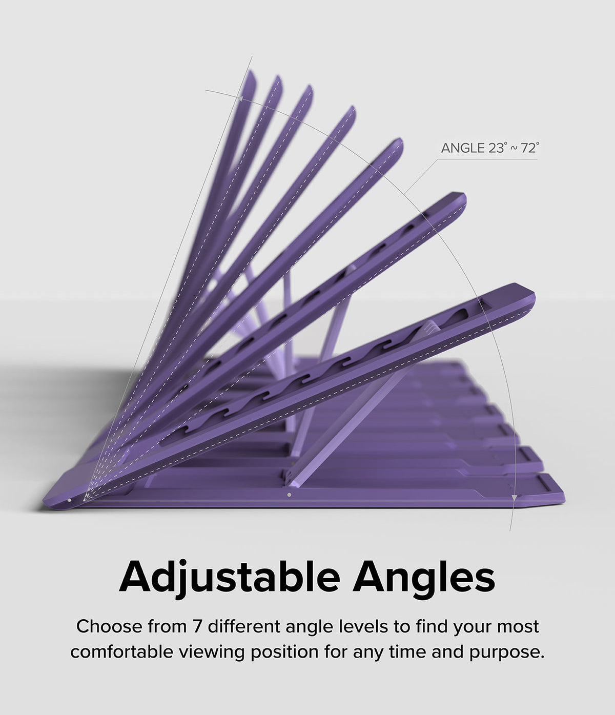 Outstanding | Tablet Stand - Purple tablet stand showing seven adjustable viewing angles ranging from 23 to 72 degrees.