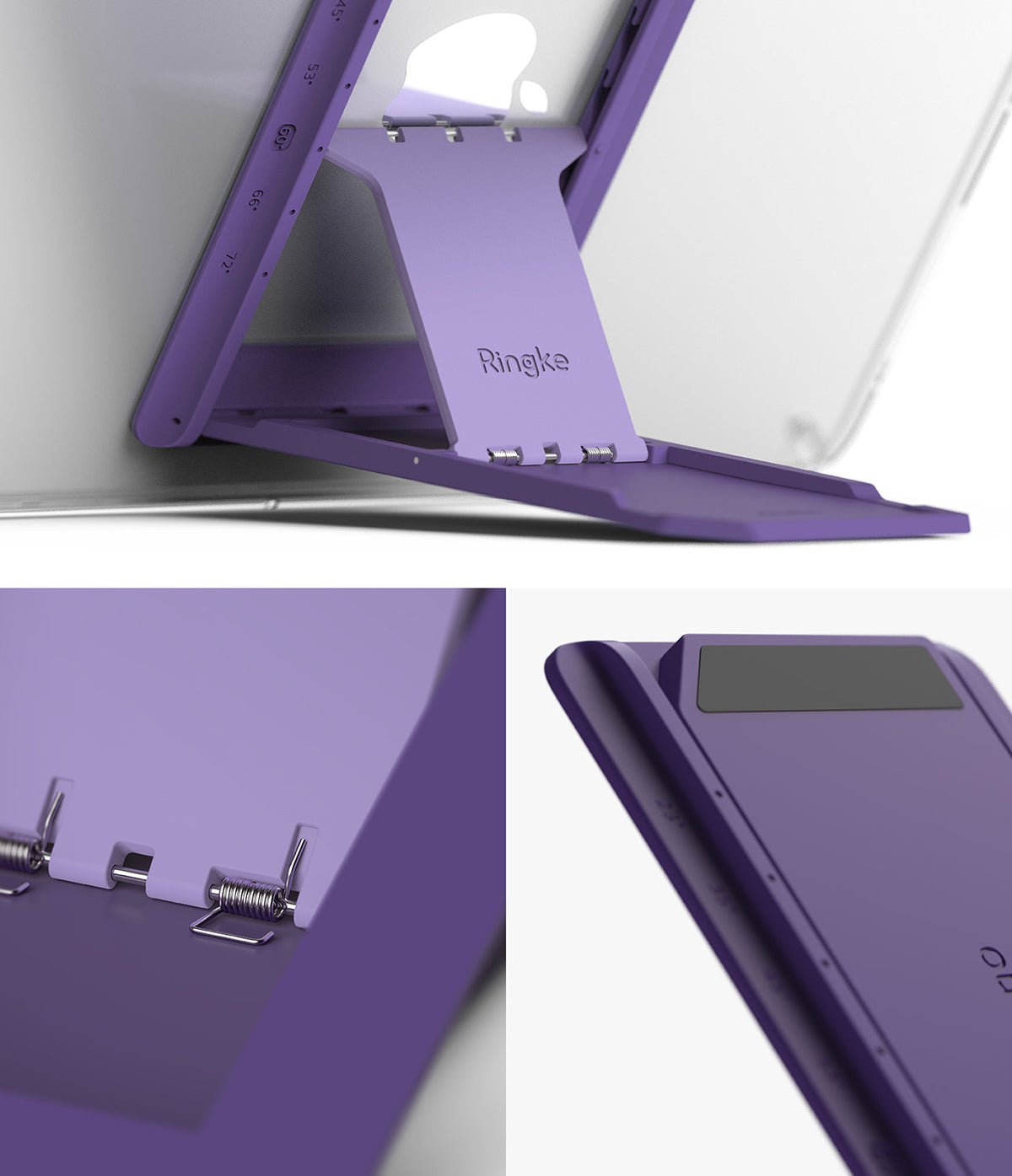 Outstanding | Tablet Stand - Purple foldable tablet stand attached to a device with adjustable metal hinges and angle markings.