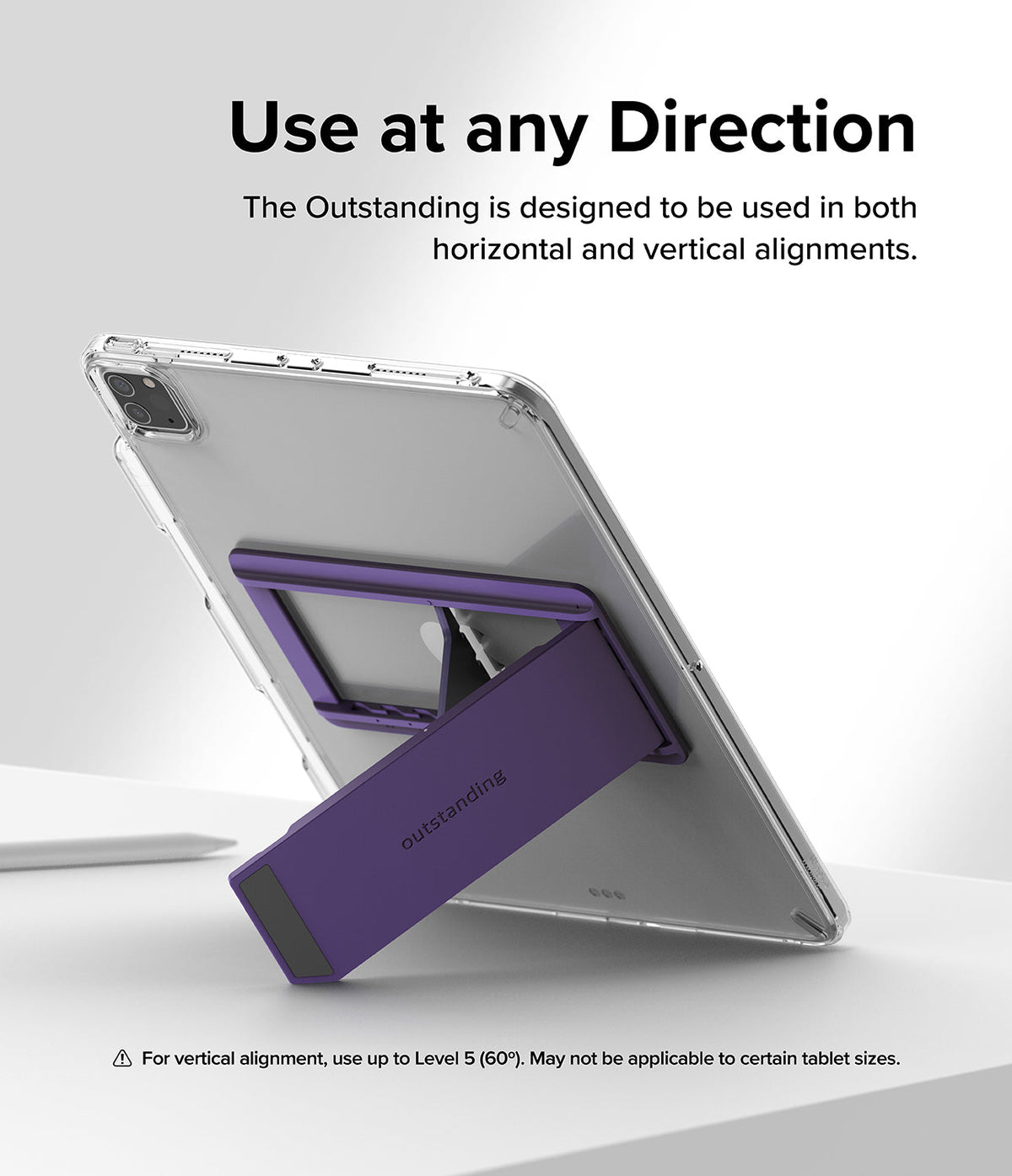 Outstanding | Tablet Stand - A purple tablet stand attached to the back of a clear-cased tablet, propped up on a white surface.
