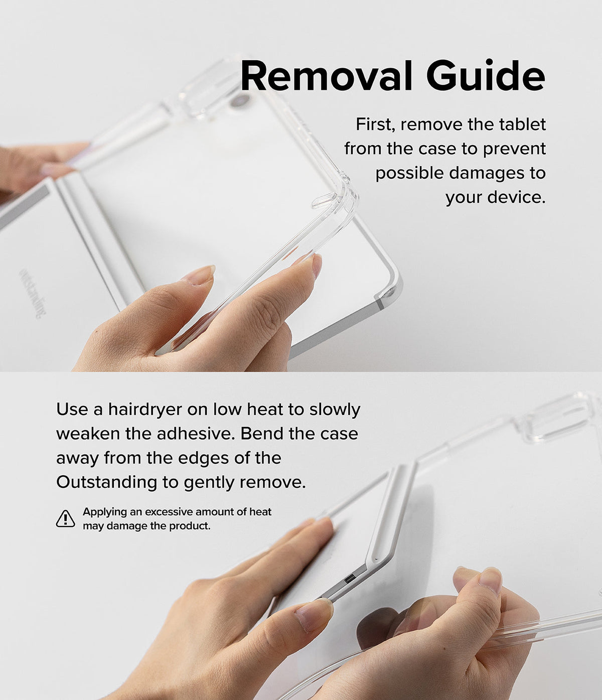 Outstanding | Tablet Stand - Instructional graphic showing hands removing a tablet from a clear case and using a hairdryer.