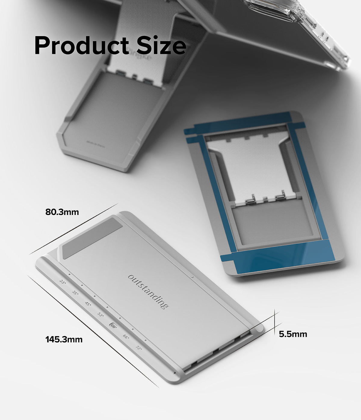 Outstanding | Tablet Stand - Dimensions of a silver tablet stand showing 145.3mm length, 80.3mm width, and 5.5mm thickness.