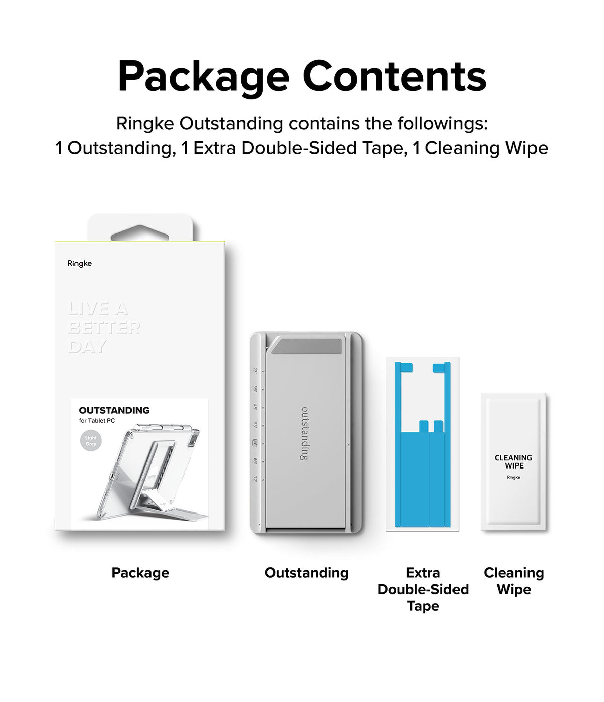 Outstanding | Tablet Stand - Package contents showing the tablet stand, extra adhesive tape, and a cleaning wipe.