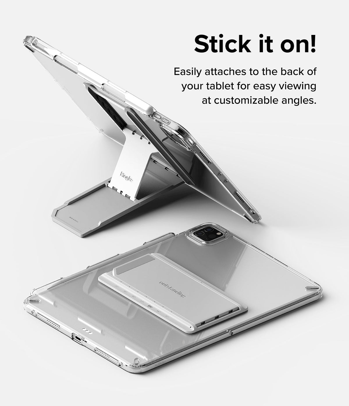 Outstanding | Tablet Stand - A silver foldable tablet stand attached to a clear tablet case, shown both open and closed.
