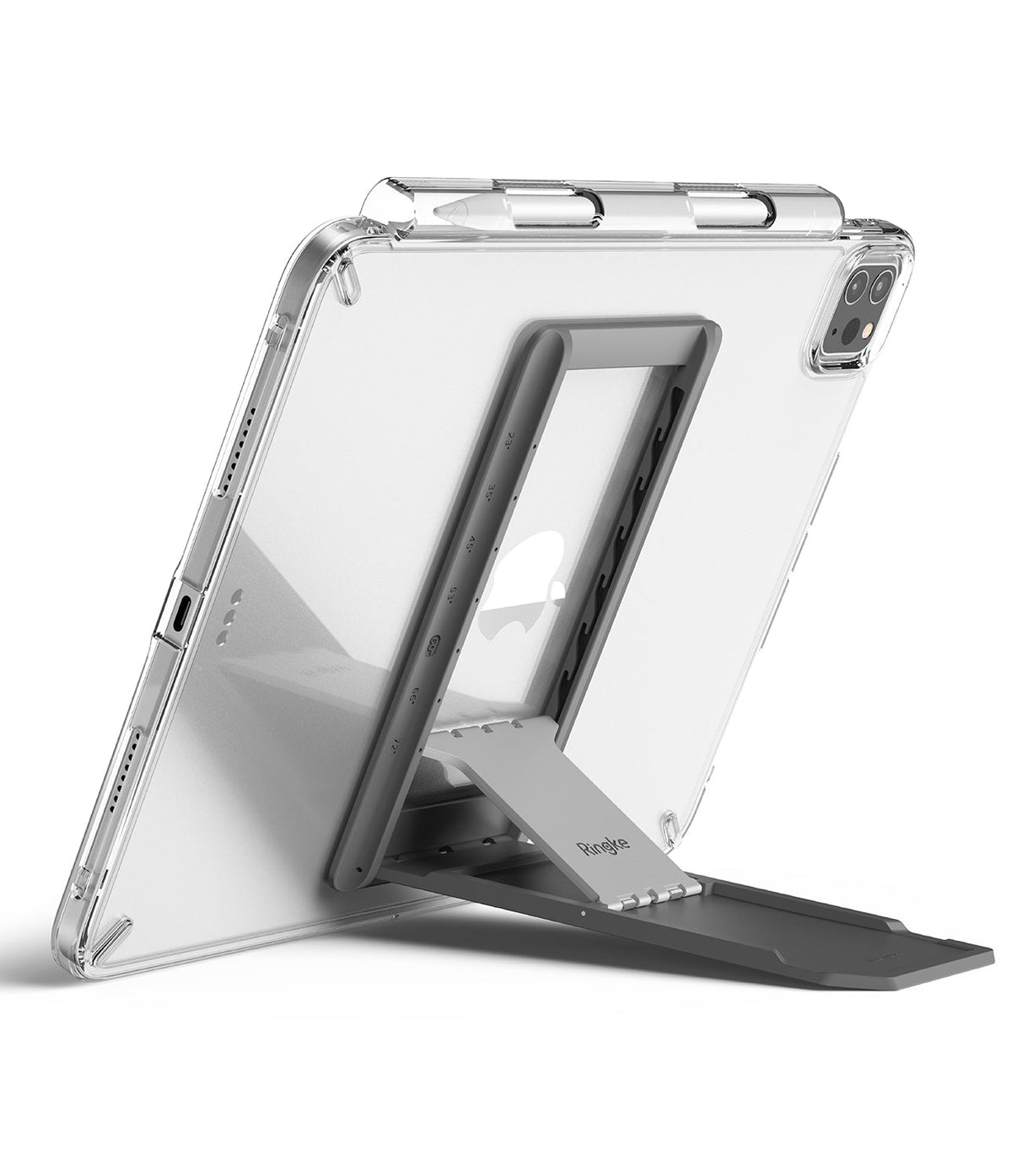 Outstanding | Tablet Stand - A clear tablet case with an adjustable grey kickstand attached to the back, showing multiple angle settings.