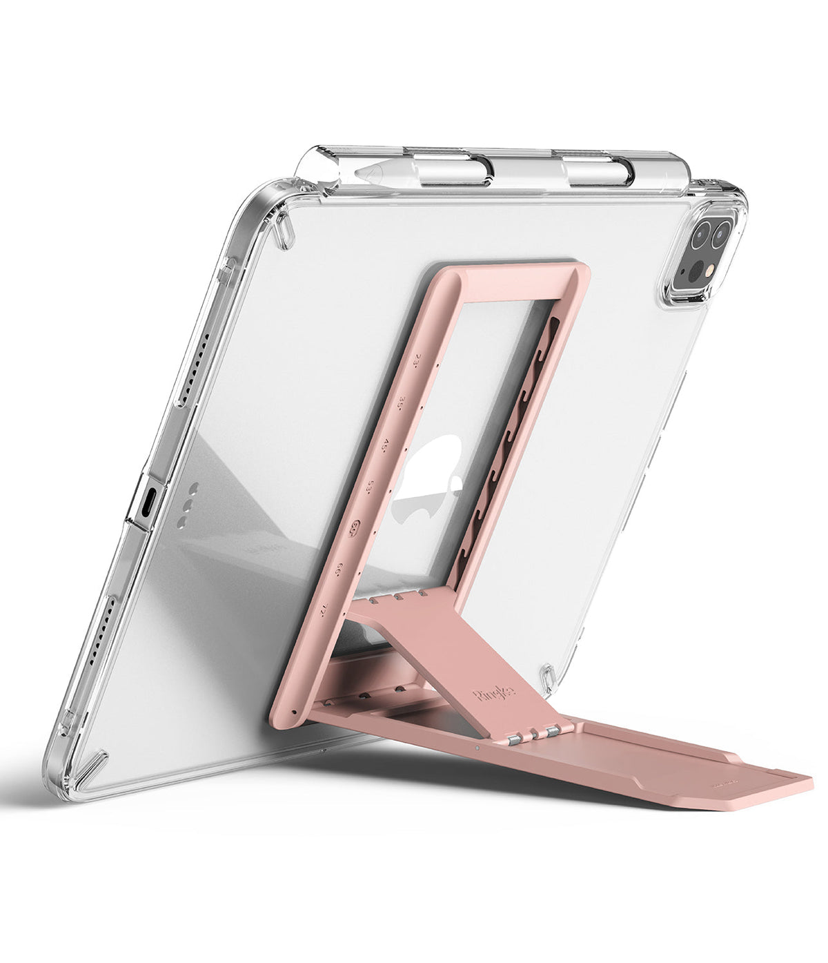 Outstanding | Tablet Stand - A clear tablet case with an attached adjustable pink folding stand on the back.