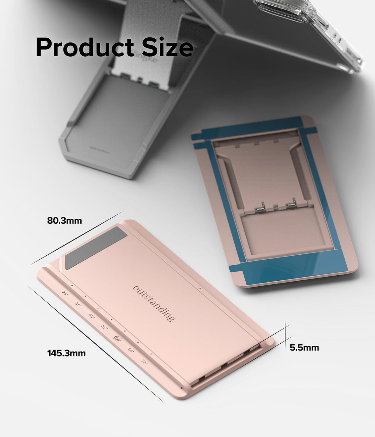 Outstanding | Tablet Stand - Rose gold tablet stand showing dimensions of 145.3mm by 80.3mm by 5.5mm with angle markings.