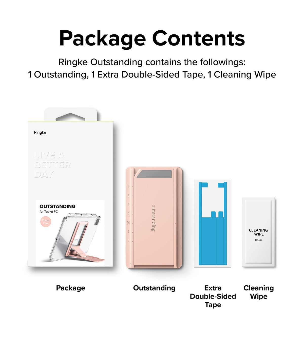 Outstanding | Tablet Stand - Package contents showing the tablet stand, extra double-sided tape, and a cleaning wipe.