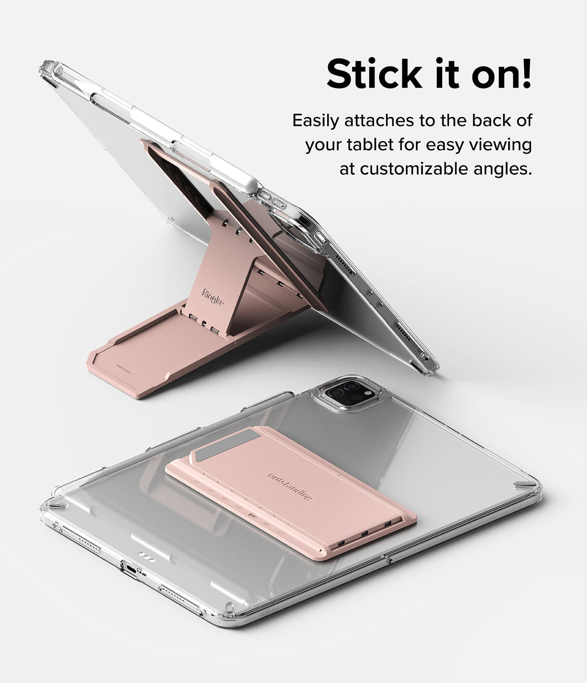 Outstanding | Tablet Stand - A rose gold foldable tablet stand attached to the back of a clear tablet case in open and closed positions.