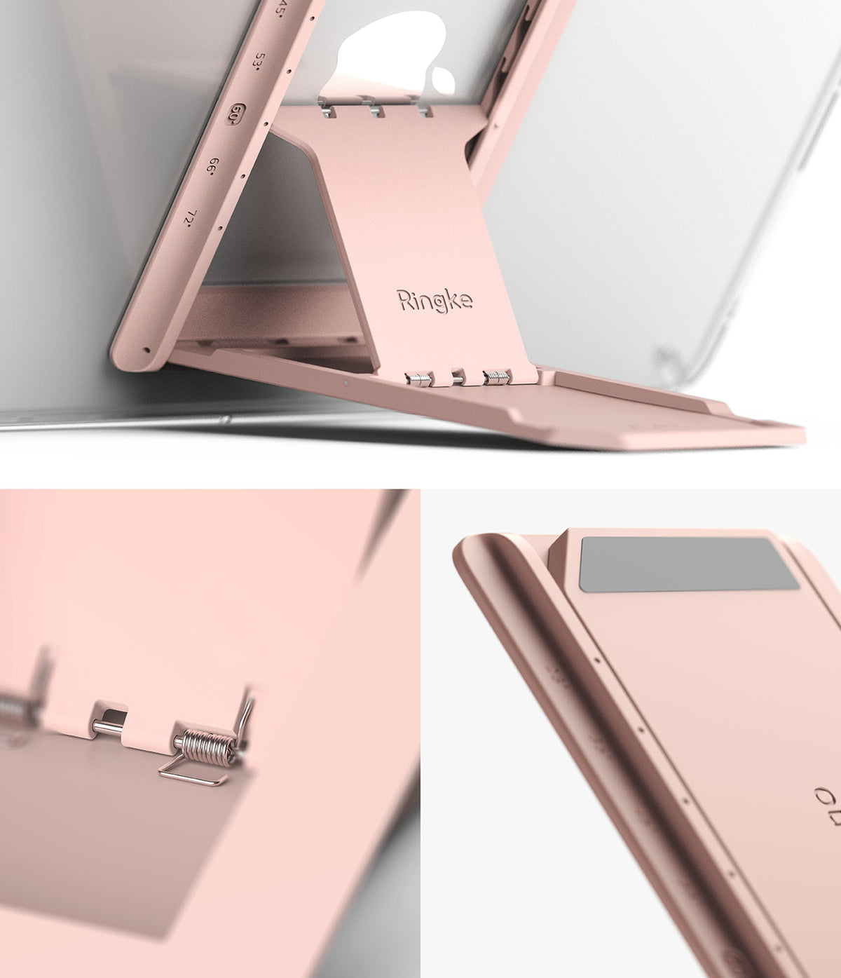 Outstanding | Tablet Stand - A rose gold foldable tablet stand with adjustable angle settings and a spring-loaded hinge mechanism.