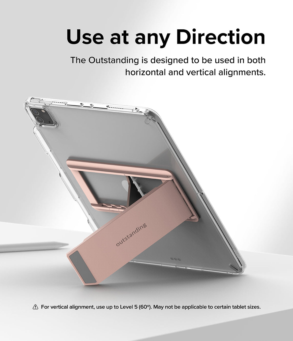 Outstanding | Tablet Stand - A rose gold tablet stand attached to the back of a clear-cased tablet, propped up on a white surface.